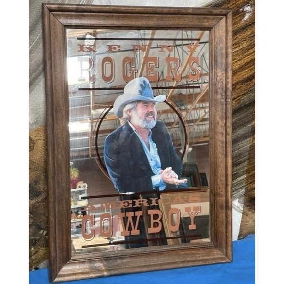 Vintage 1980s Kenny Rogers Americas Cowboy Framed Wall Mirror Sign Bar Mancave - Picture 2 of 8